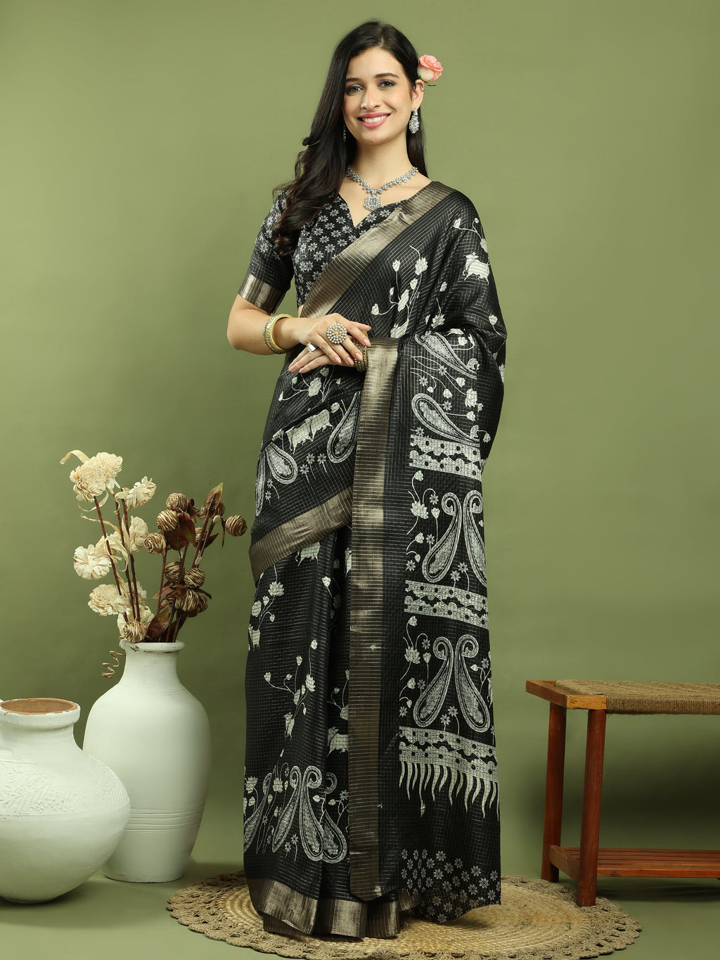 Stylee Lifestyle Black Silk Blend Zari Saree