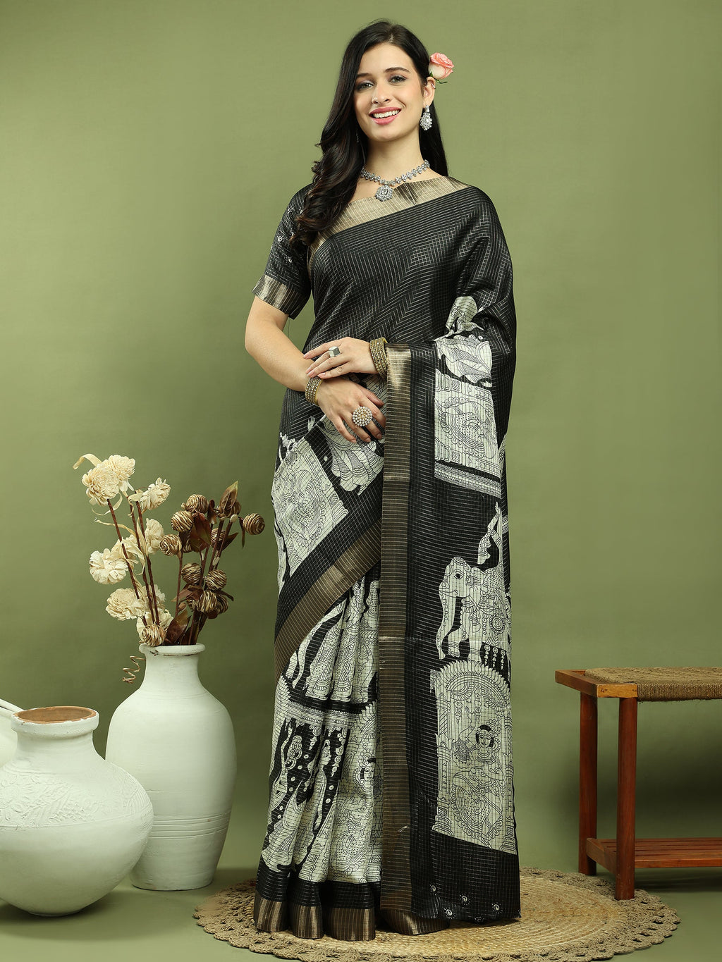 Stylee Lifestyle Black Silk Blend Zari Saree