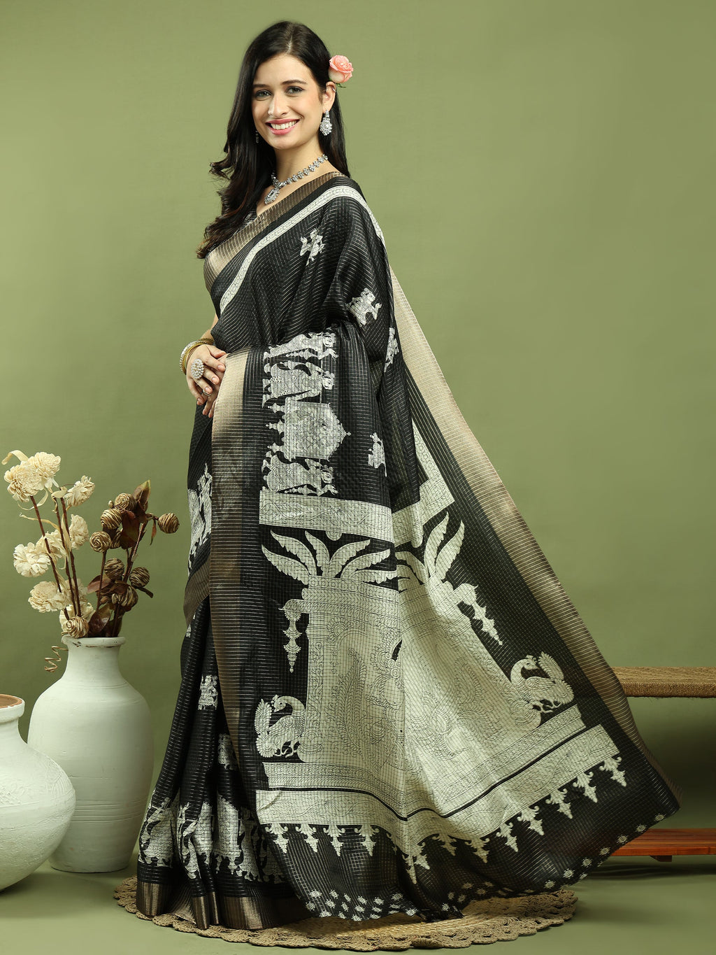 Stylee Lifestyle Black Silk Blend Zari Saree