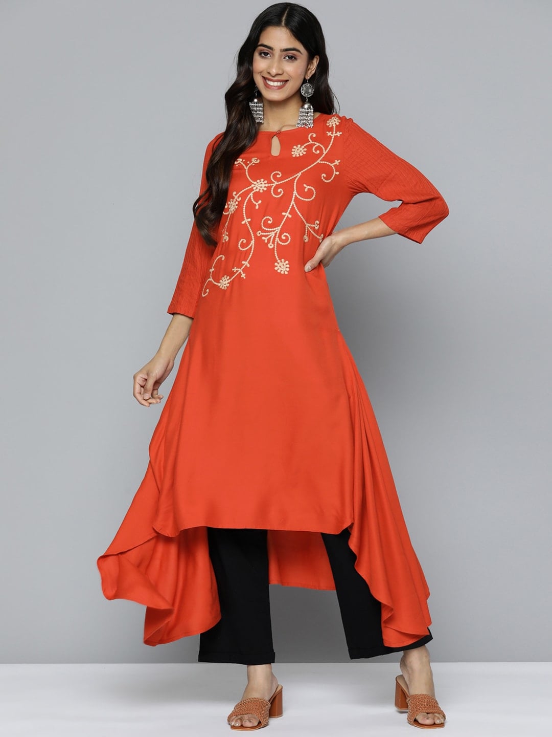 HERE&NOW Mirror Work Embroidered Keyhole Neck Asymmetric Dipped Hem Kurta