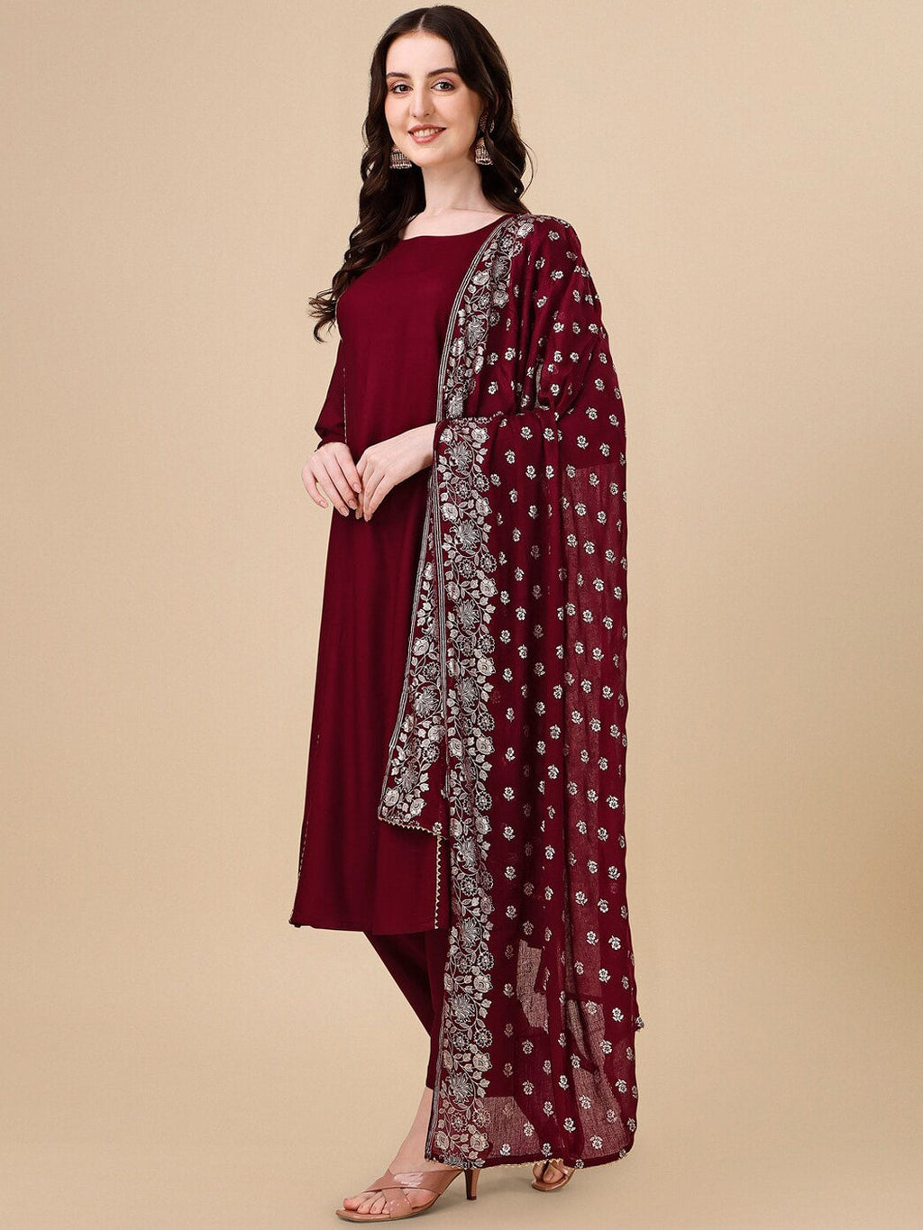 HERE&NOW Maroon & White Gotta Patti Kurta with Trousers & Dupatta