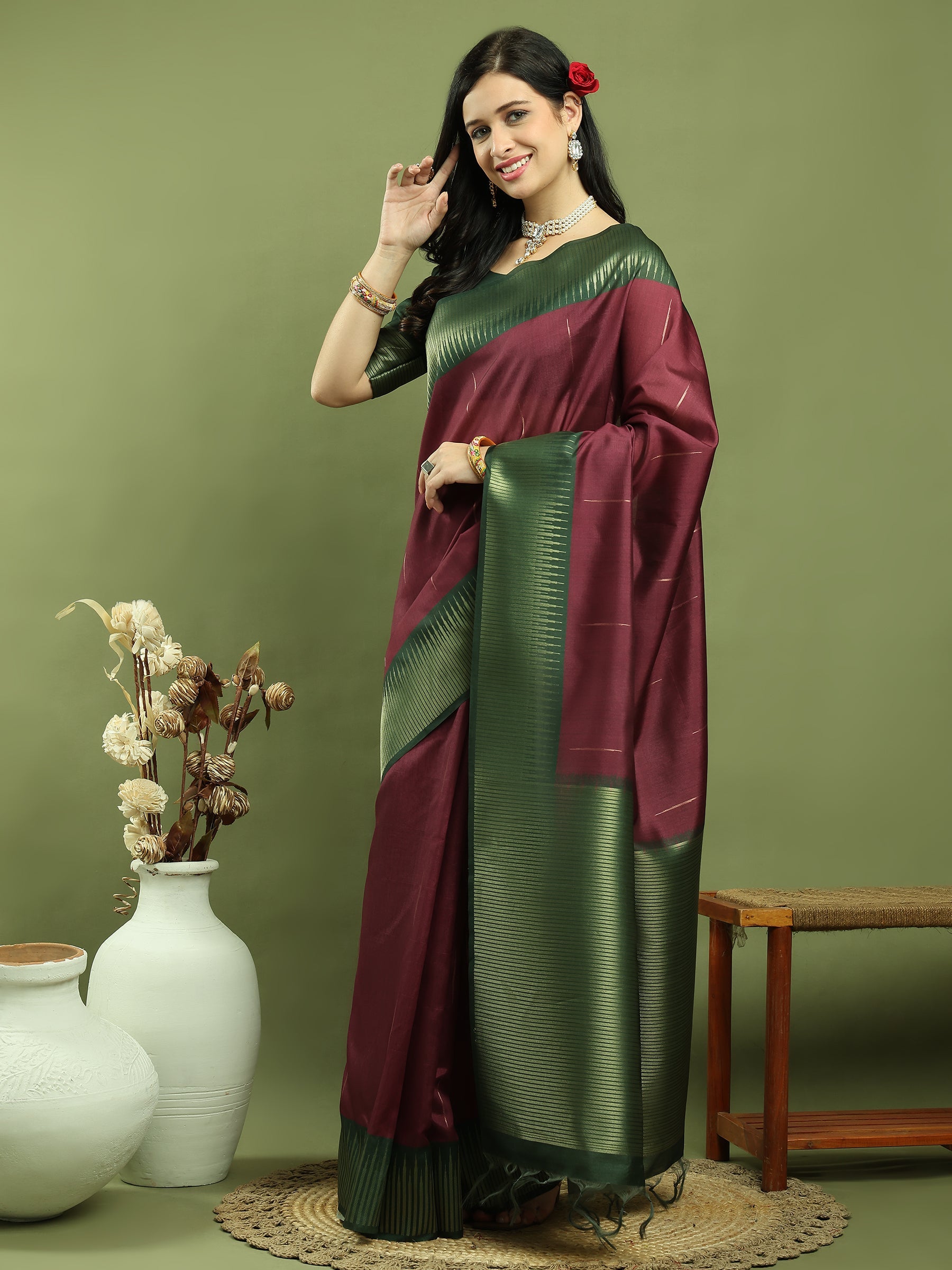 Stylee Lifestyle Burgundy Silk Blend Zari Saree