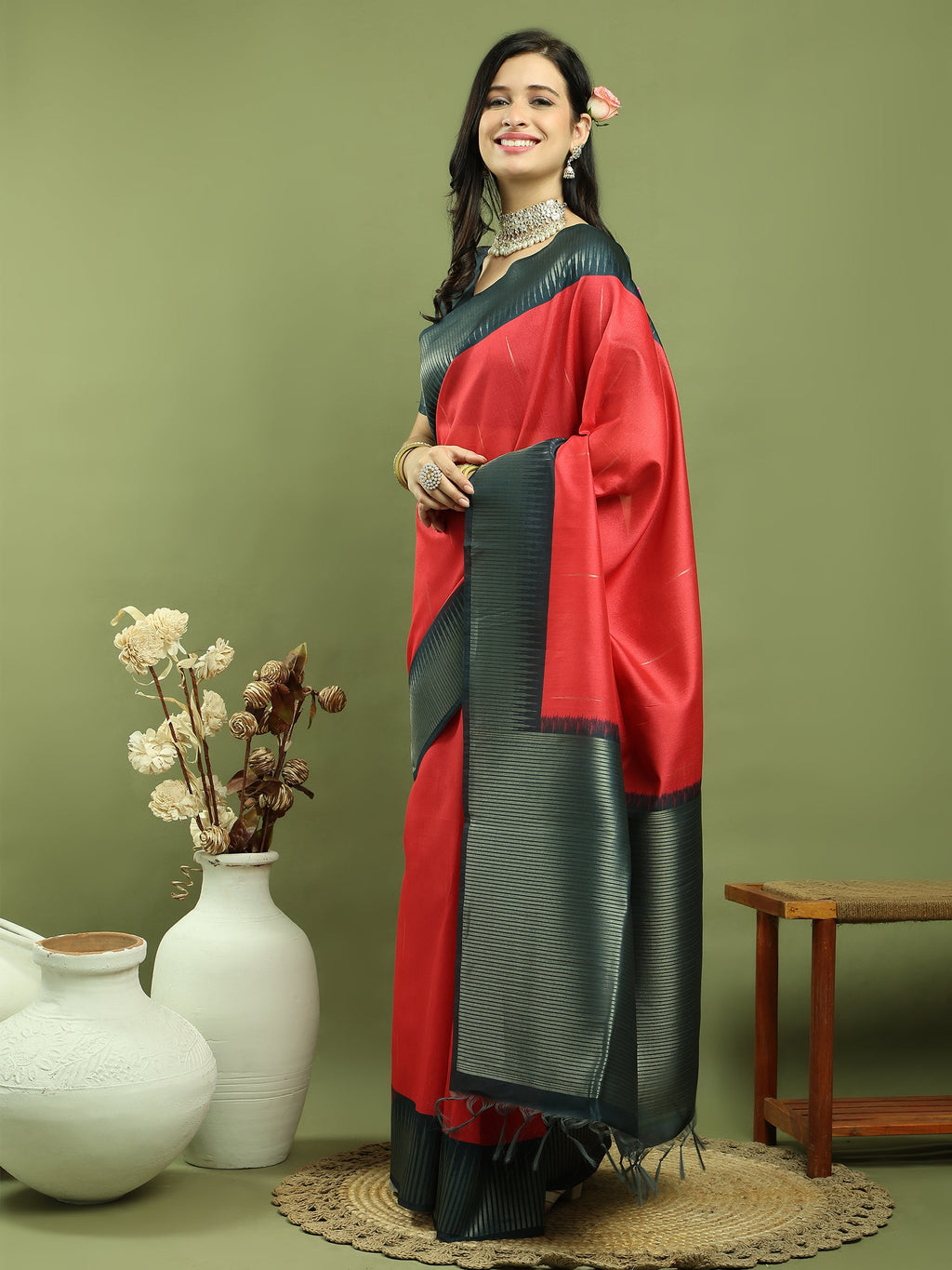 Stylee Lifestyle Red Silk Blend Zari Saree