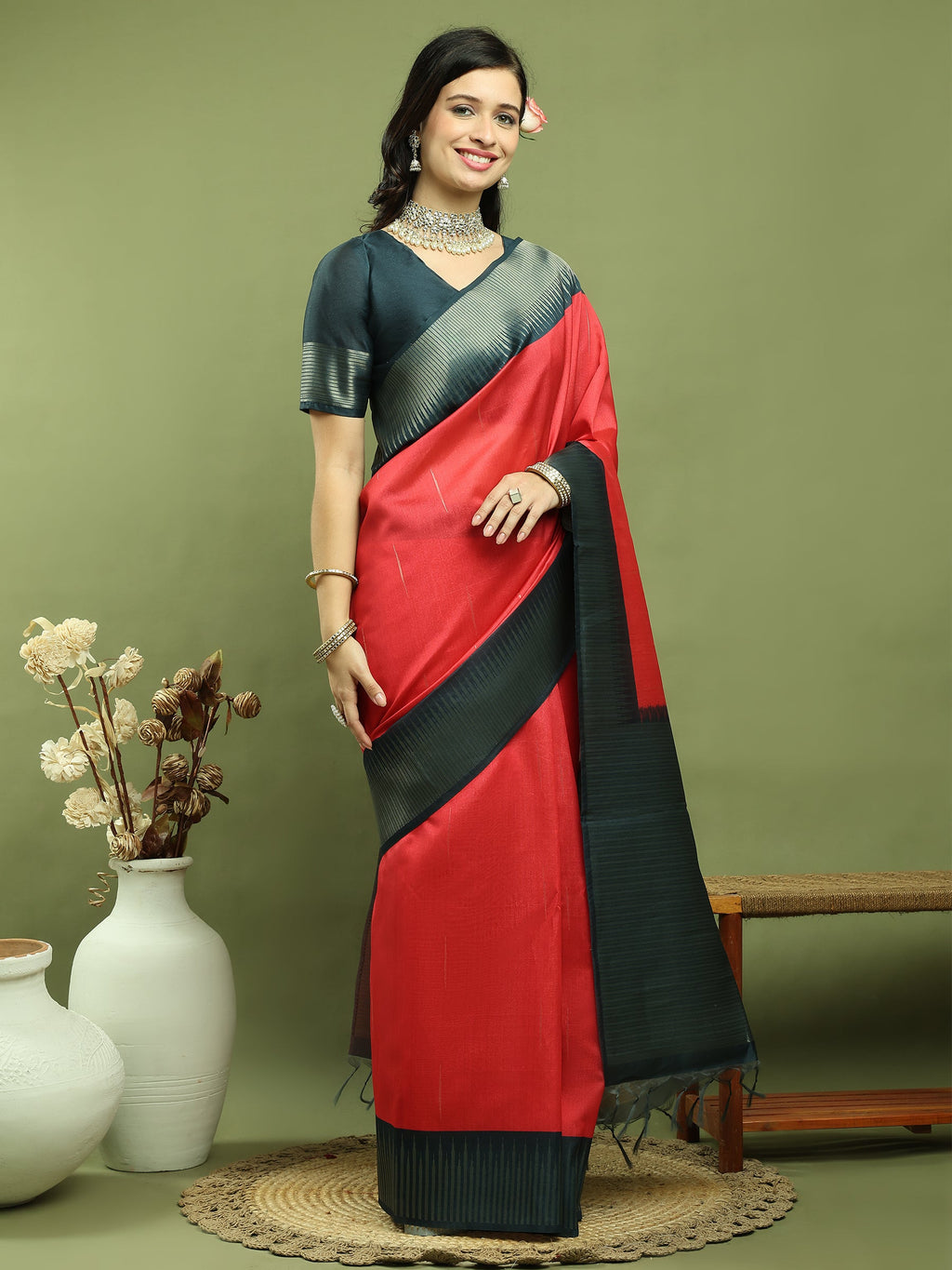 Stylee Lifestyle Red Silk Blend Zari Saree