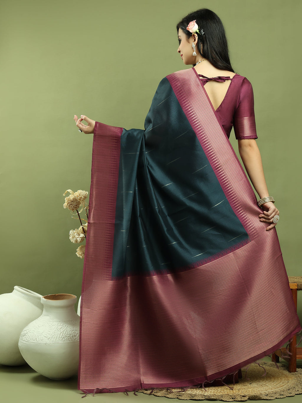 Stylee Lifestyle Teal Silk Blend Zari Saree
