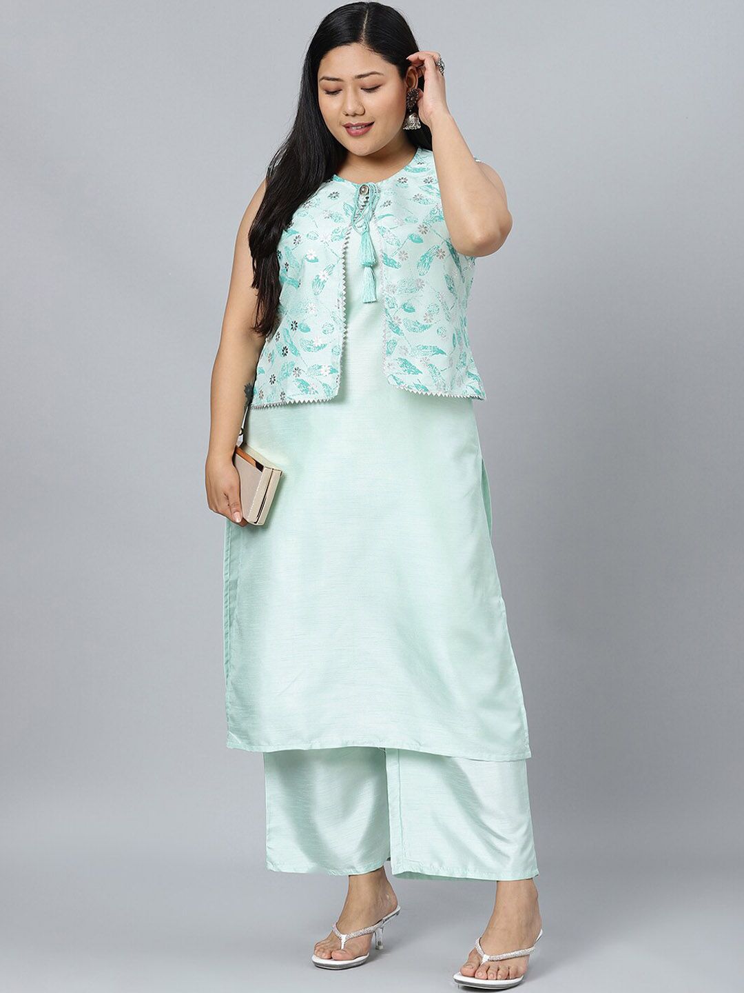 Sztori Plus Size Round Neck Sleeveless Art Silk Kurta With Palazzo & Jacket