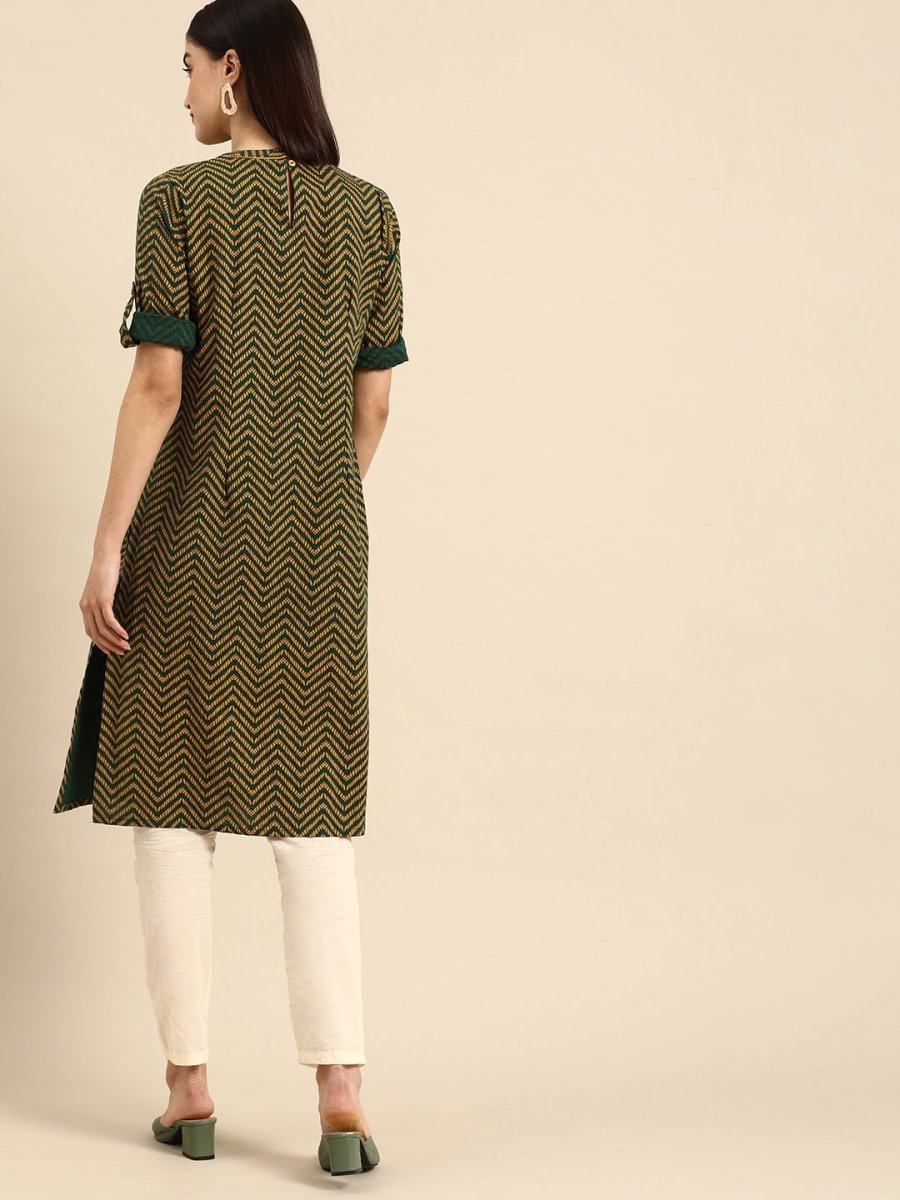 All About You Women Green & Yellow Floral Embroidered Thread Work Pure Cotton Kurta