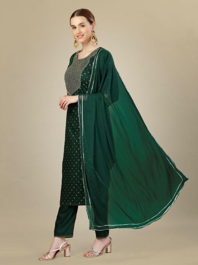 Jyoti Fashion Women's Dark Green Silk Blend Embroidery & Sequence work Kurta with Trouser & Dupatta