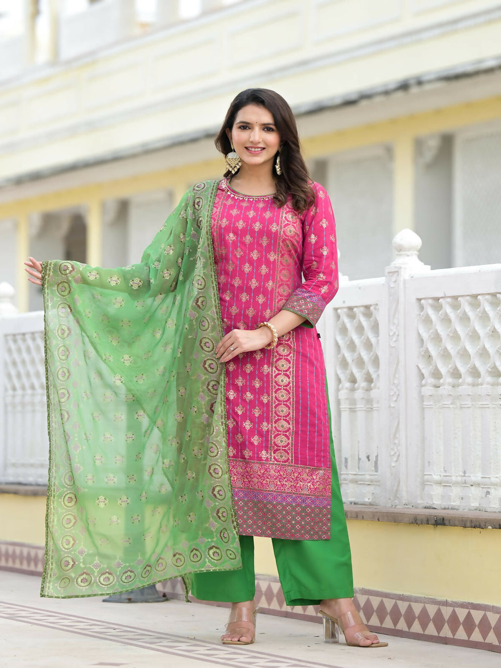 Juniper Women's Fuchsia Ethnic Motif Printed Muslin Kurta Pant With Dupatta Set With Beads & Sequins