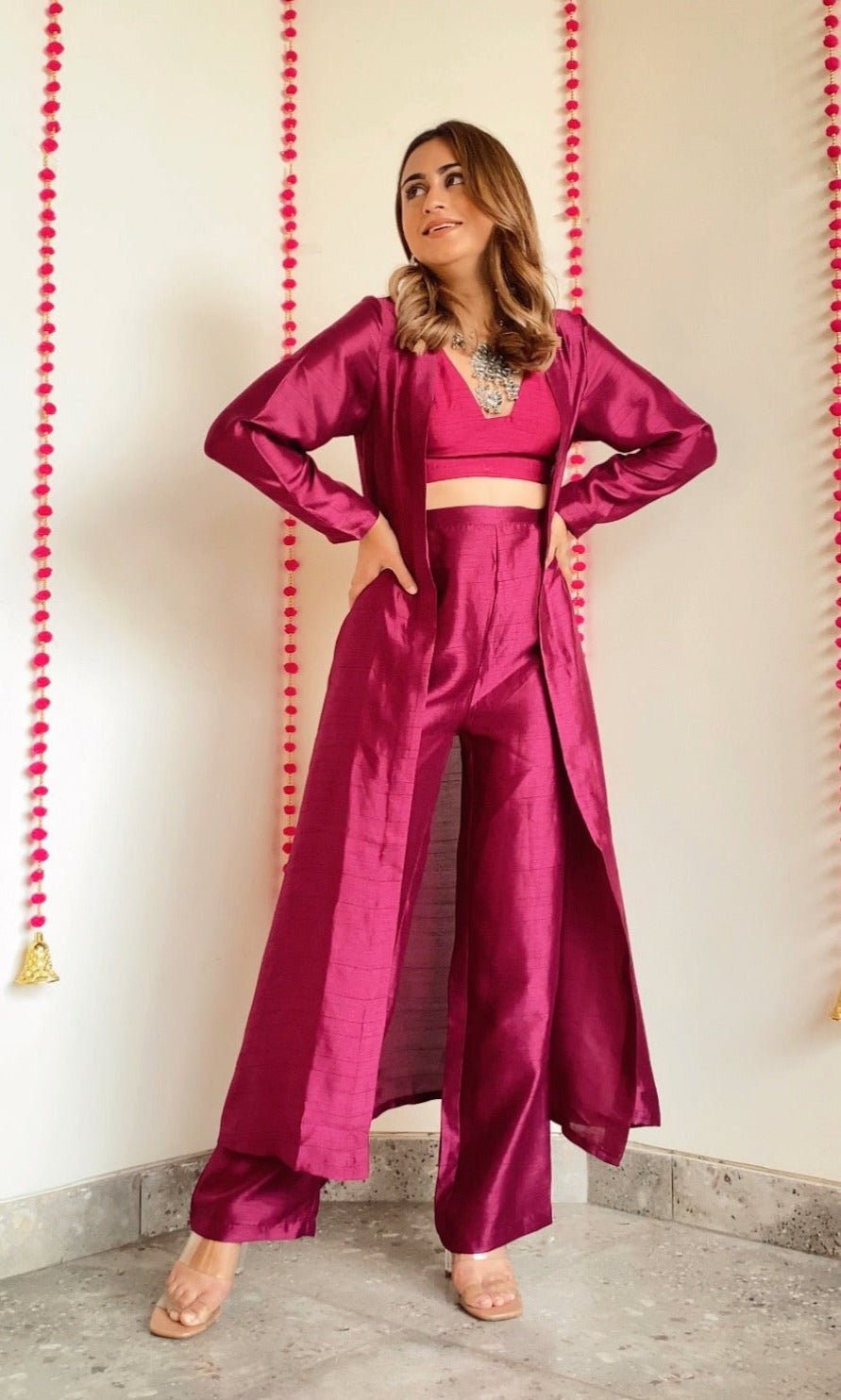 trueBrowns Purple Textured Silk Overlay Jacket Blouse Pant Set