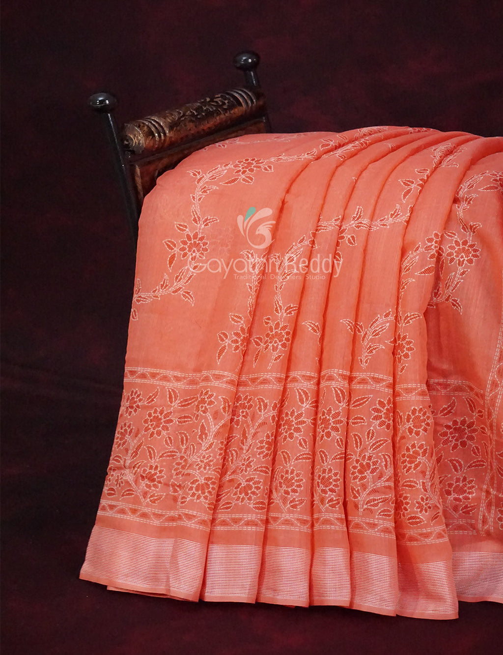 Mix of Peach and Orange Block Printed Semi Chanderi Saree By Gayathri Reddy Designer Studio