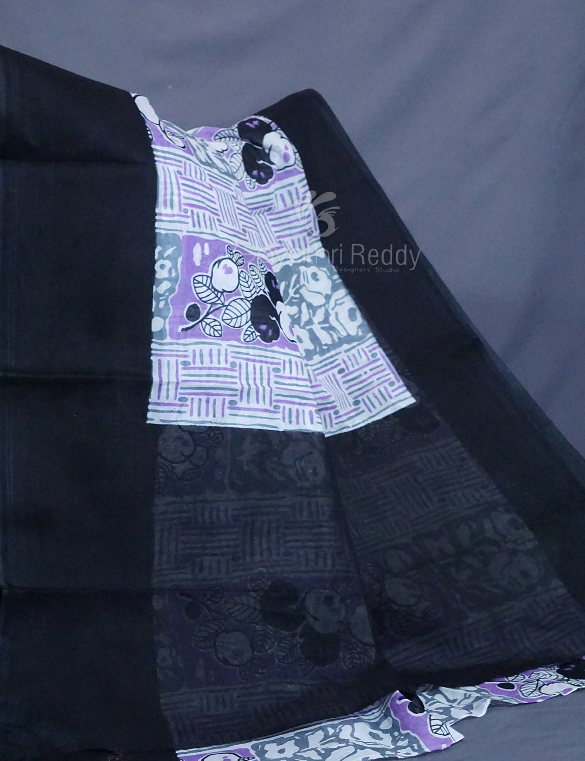 Shades of Lavender And Black Colour Floral Print Pure Mulmul Cotton Saree By Gayathri Reddy Designer Studio
