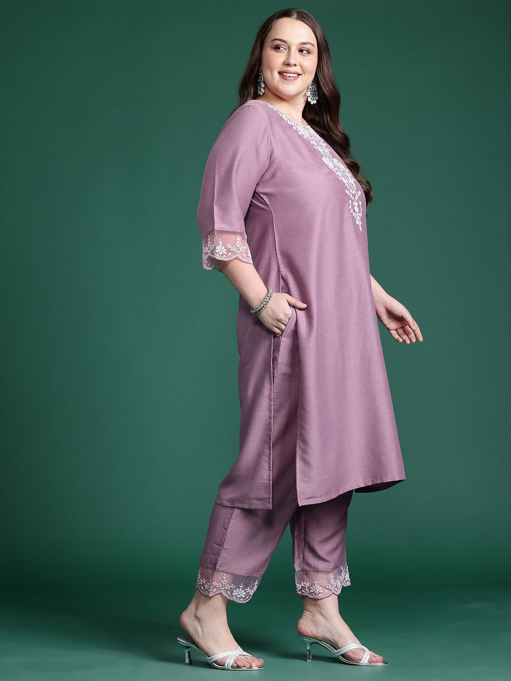 Indo Era Plus Size Floral Embroidered Thread Work Kurta With Trousers & Dupatta