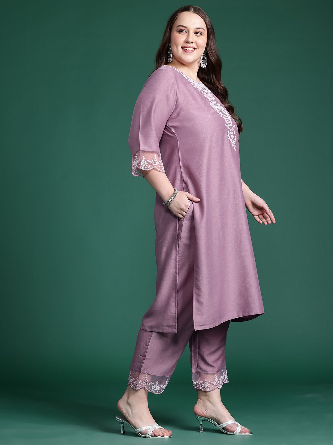 Indo Era Plus Size Floral Embroidered Thread Work Kurta With Trousers & Dupatta