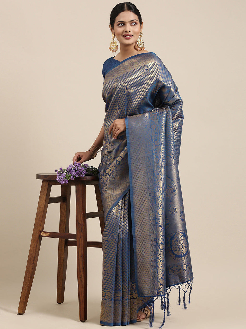 Saree Mall Navy Blue Ethnic Motifs Zari Silk Blend Banarasi Saree