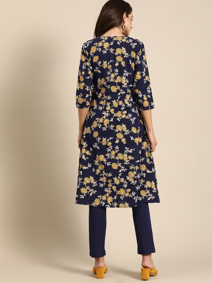 All About You Women Navy Blue Floral Printed Angrakha Pure Cotton Kurta with Trousers