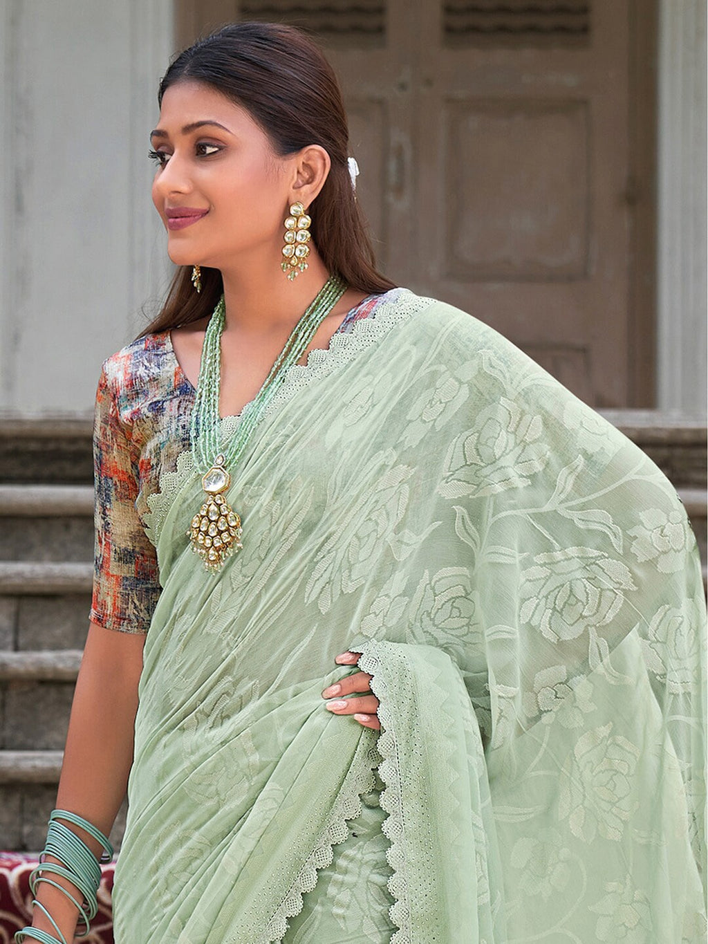 Saree Mall Floral Woven Design Pure Chiffon Sarees