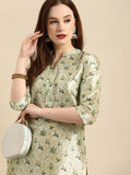 All About You Women Sea Green Floral Block Print Mandarin Collar Chanderi Silk Blend Kurta
