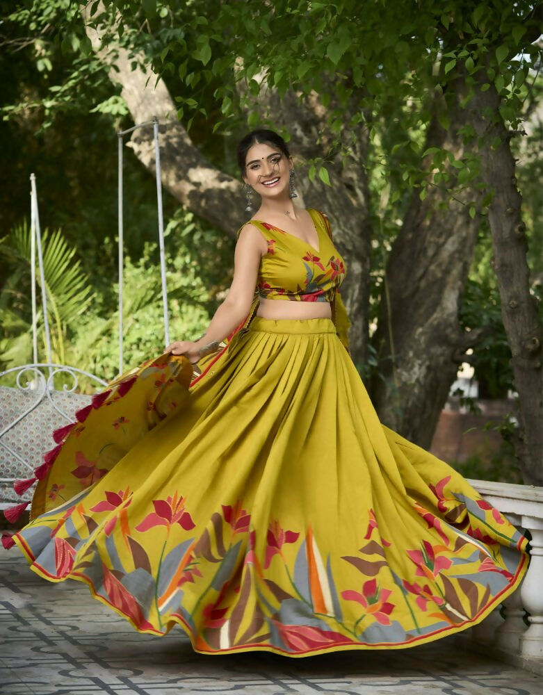 Vastranavya Polyester Viscose Chanderi Lehenga Choli With Intricate Print And Dupatta - Mustard