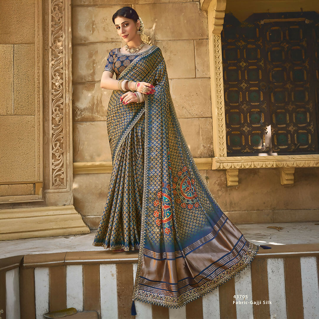Navy Blue Gajji Silk Gota With Handwork Saree With Unstitched Blouse - Norita Gajri
