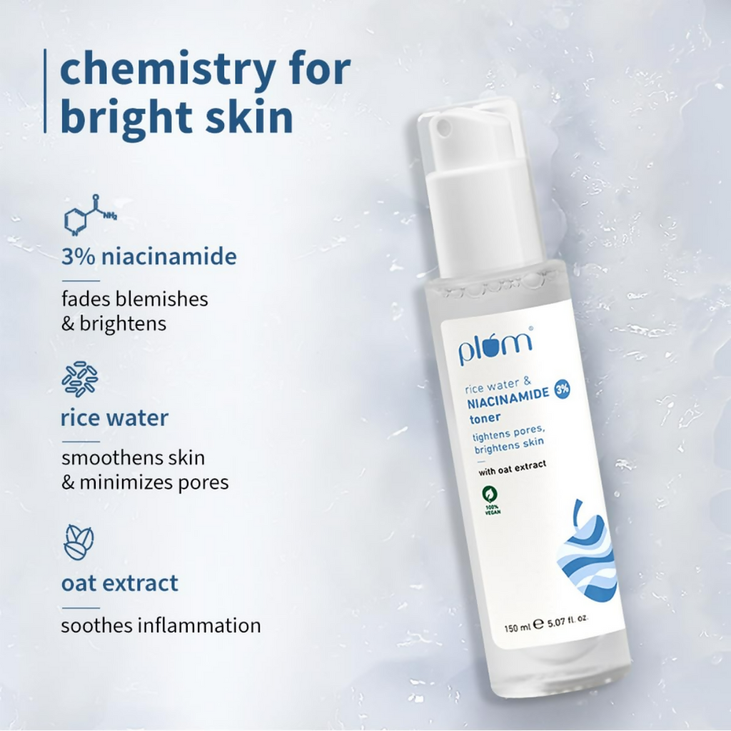 Plum 3% Niacinamide & Rice Water Face Toner - Reduces Pores & Blemishes For Bright Skin