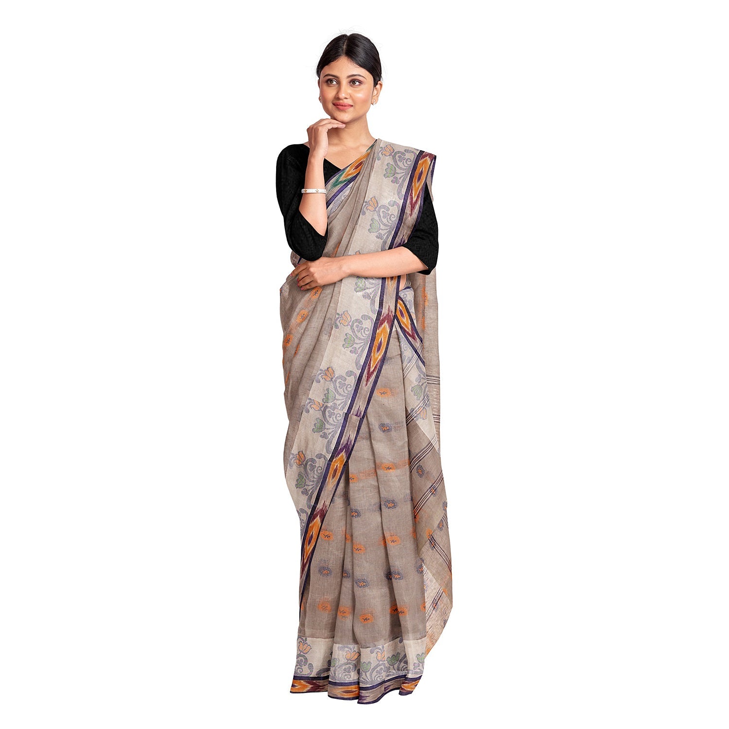 Exclusive Collection 100% Pure Cotton Beige Tant Saree With Hand Weaving Work
