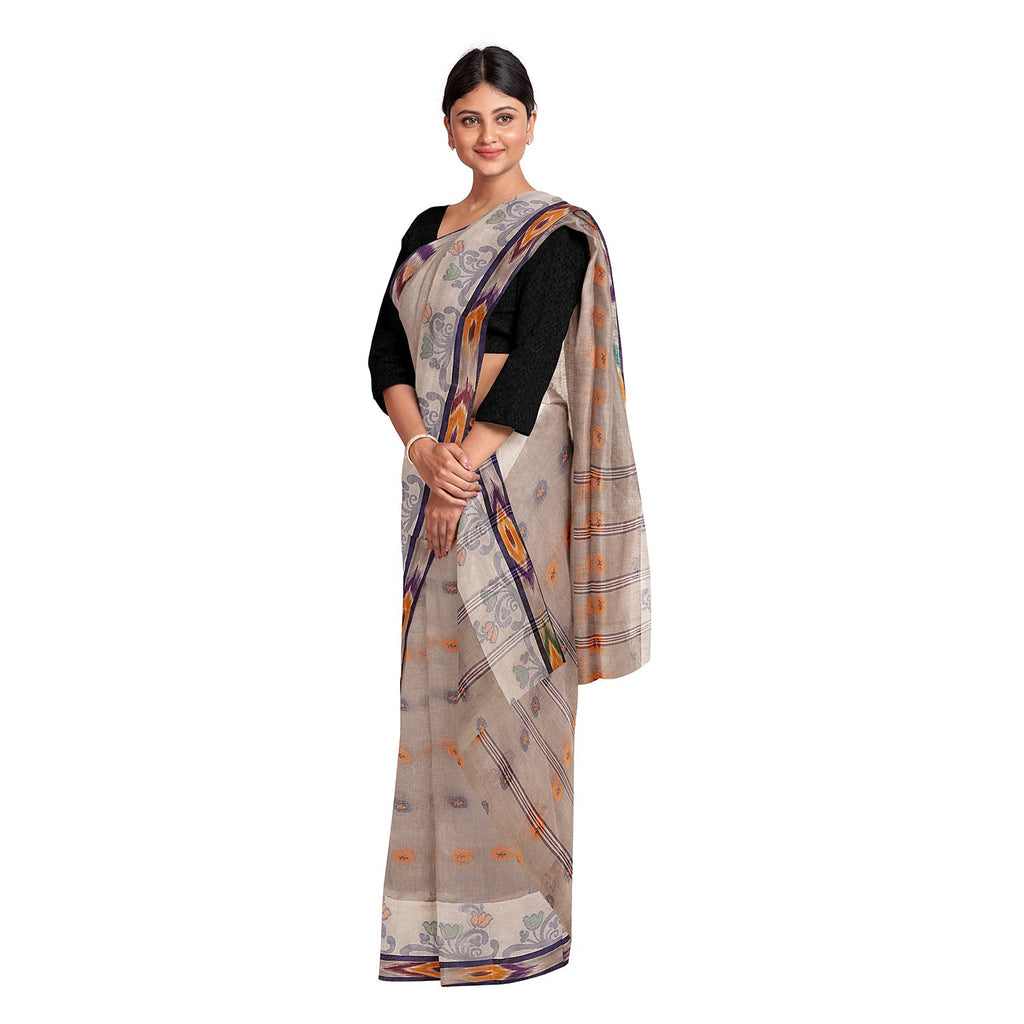 Exclusive Collection 100% Pure Cotton Beige Tant Saree With Hand Weaving Work
