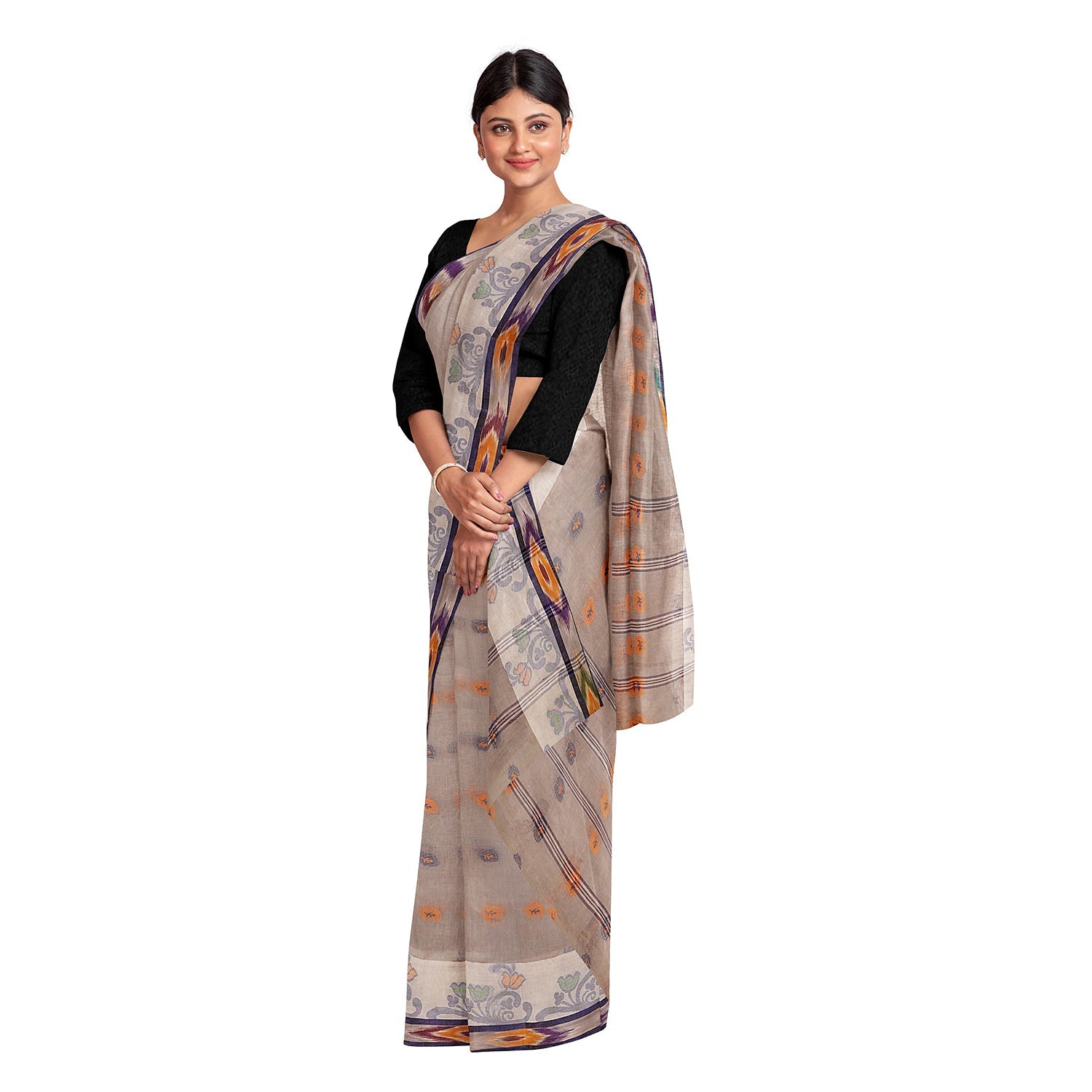 Exclusive Collection 100% Pure Cotton Beige Tant Saree With Hand Weaving Work