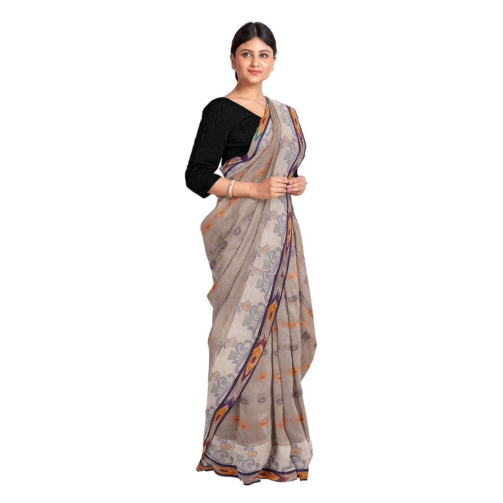 Exclusive Collection 100% Pure Cotton Beige Tant Saree With Hand Weaving Work