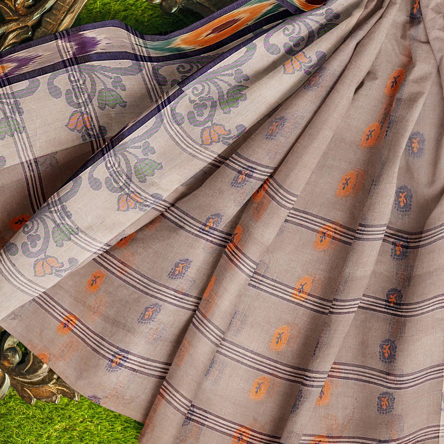 Exclusive Collection 100% Pure Cotton Beige Tant Saree With Hand Weaving Work