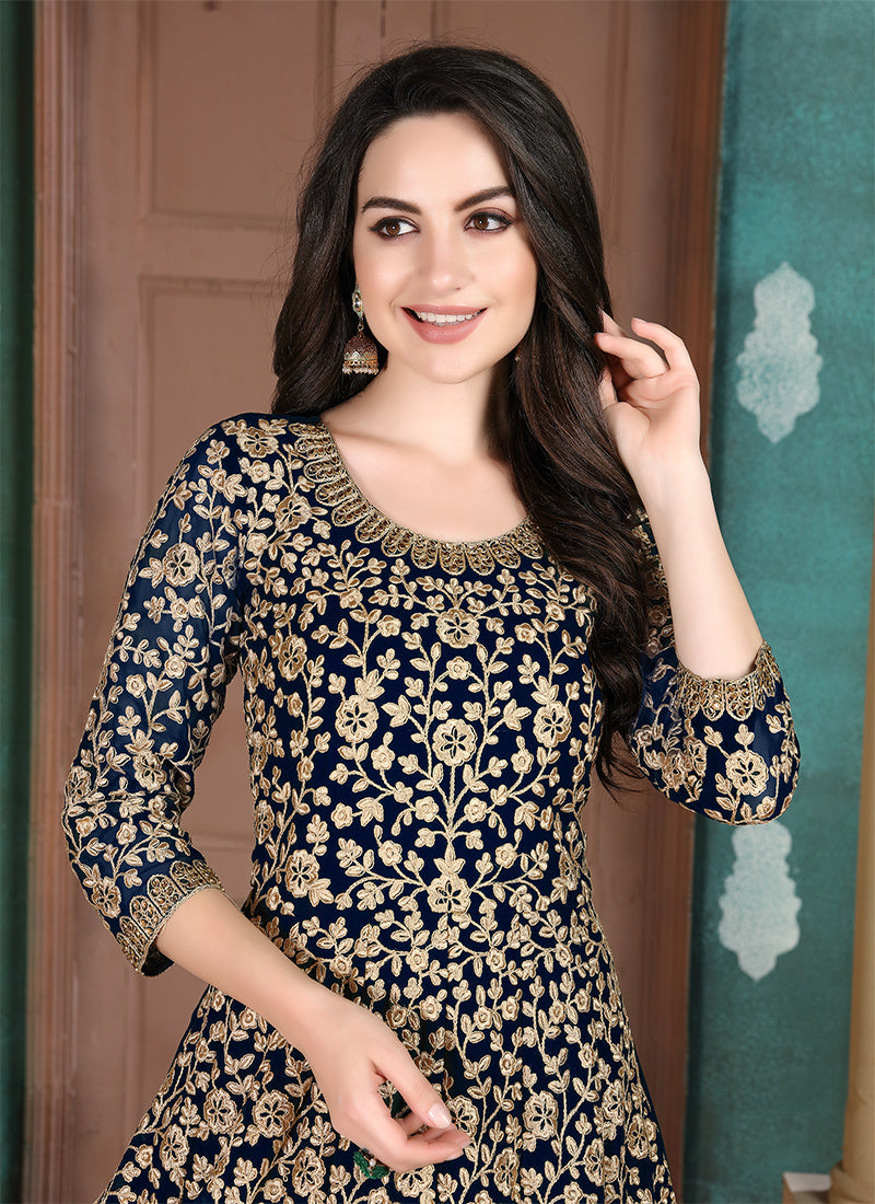 Monjolika Fashion Dark Blue Georgette Embroidered Salwar Kameez