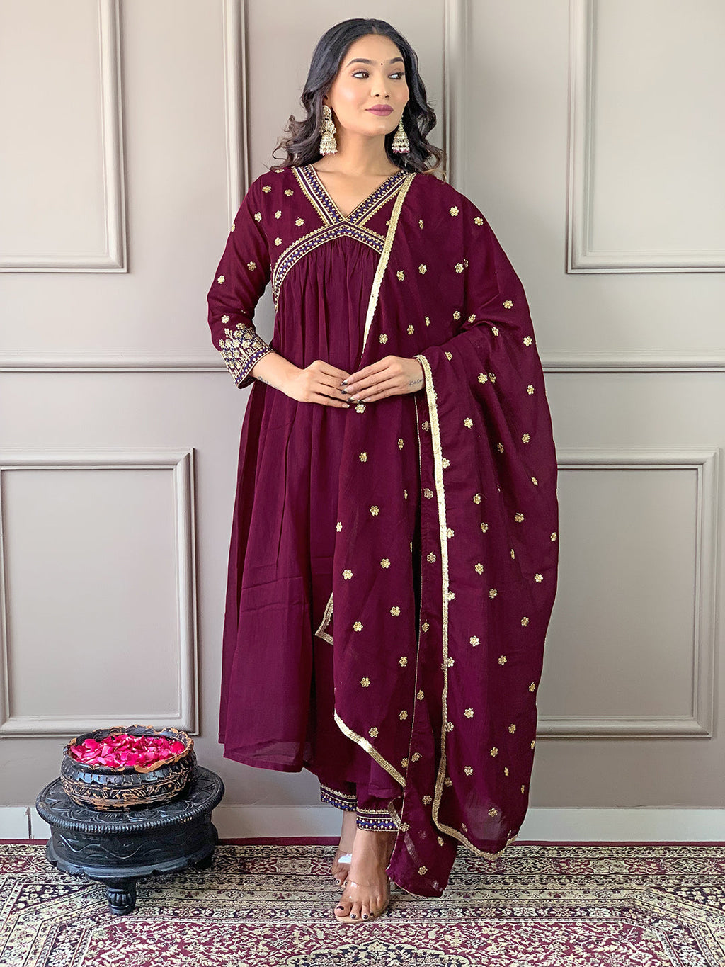 The52 Women's Vichitra Silk Fabric Alia Cut Kurta, Pant and Dupatta Set