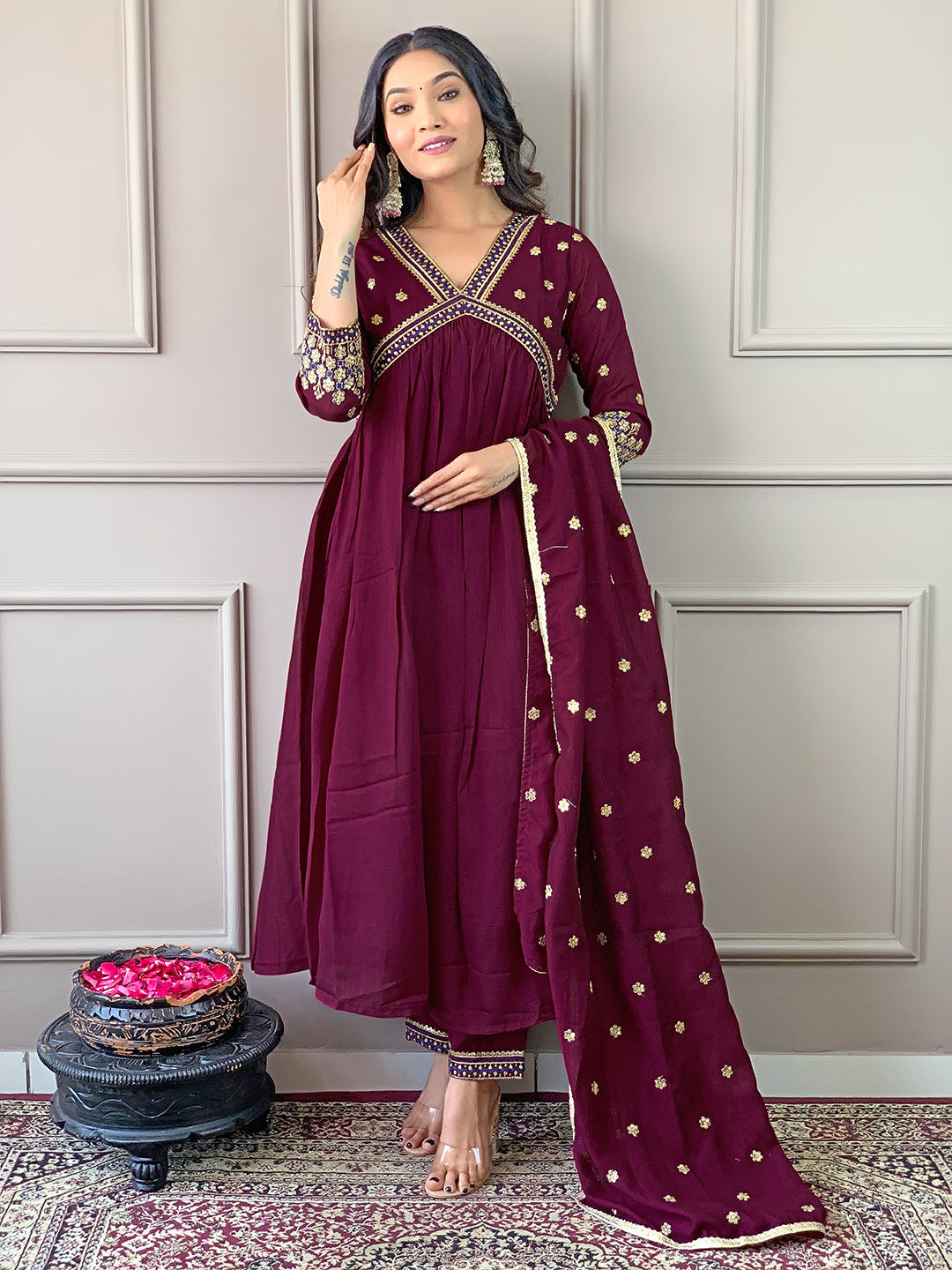 The52 Women's Vichitra Silk Fabric Alia Cut Kurta, Pant and Dupatta Set