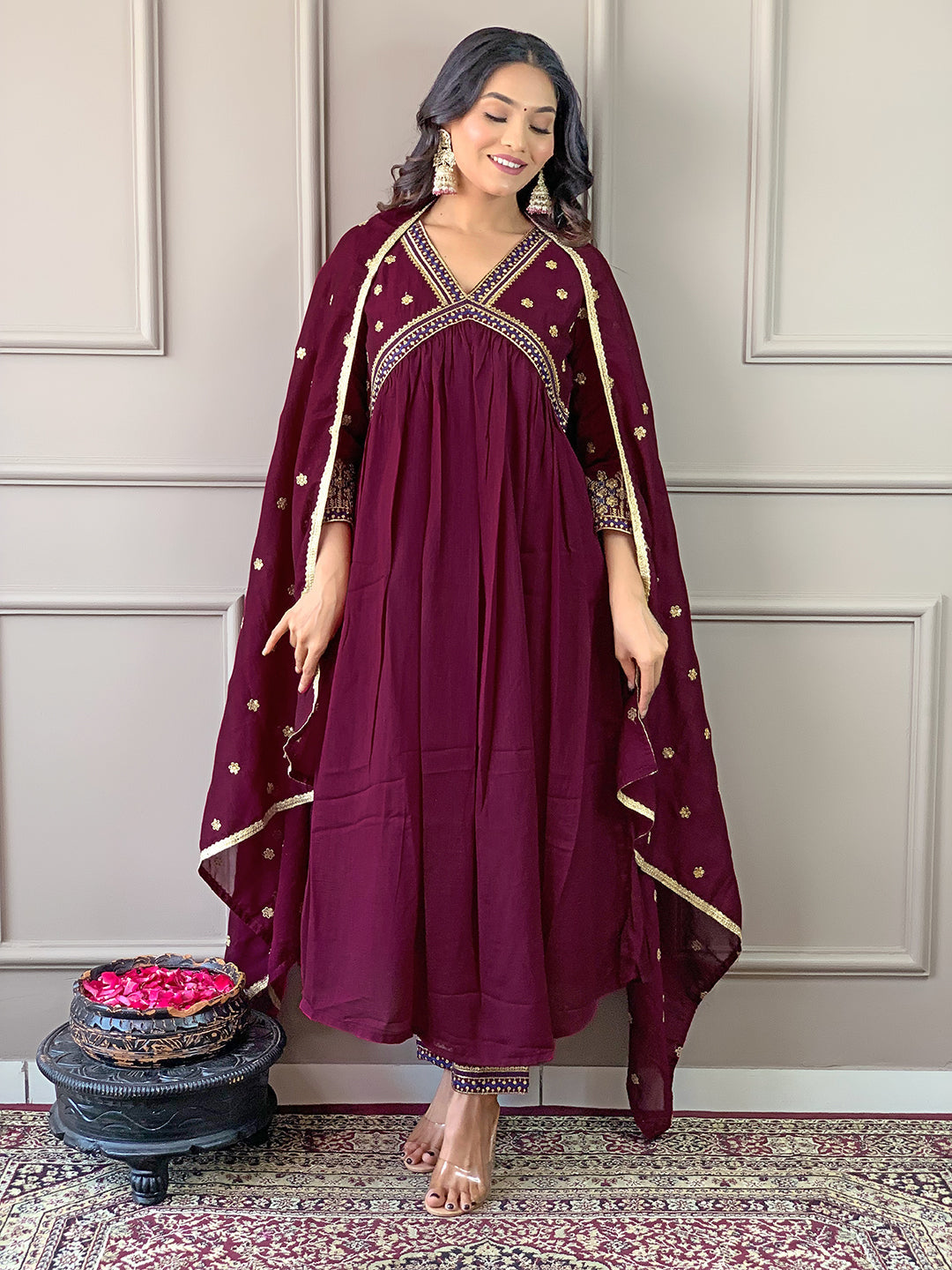 The52 Women's Vichitra Silk Fabric Alia Cut Kurta, Pant and Dupatta Set