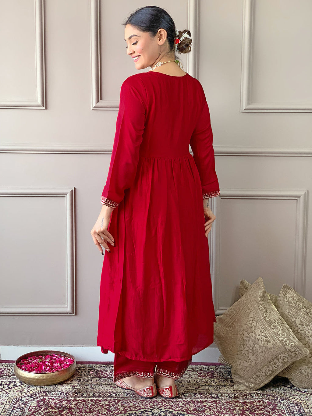 The52 Women's Vichitra Silk Fabric Alia Cut Kurta, Palazzo and Dupatta Set