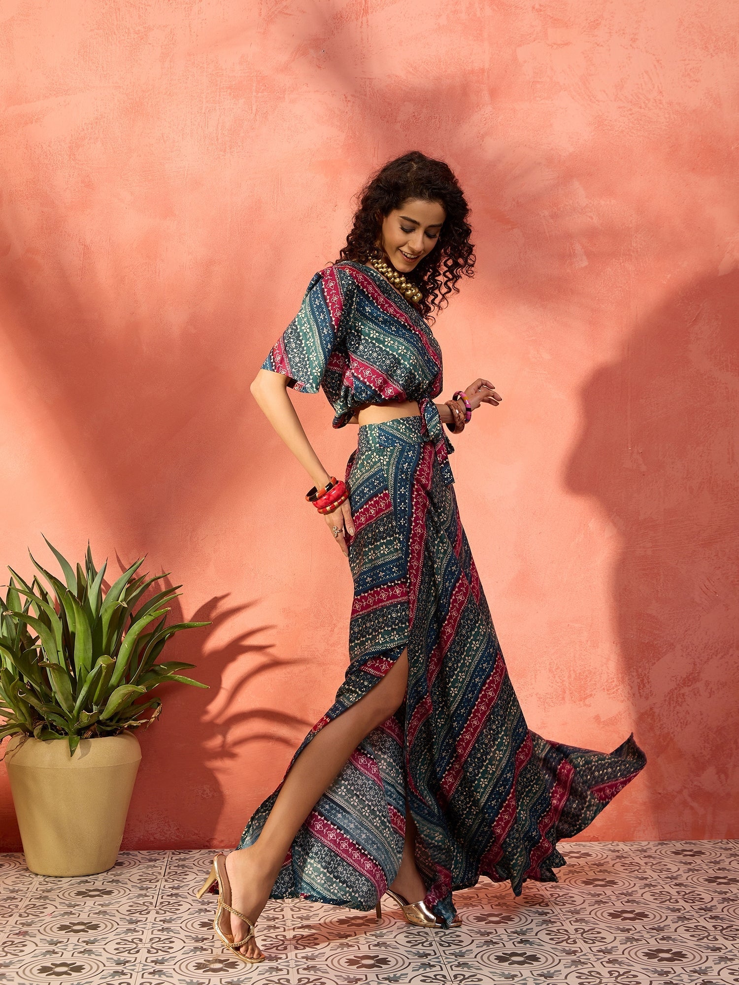 InWeave Teal Hunter Batik Floral Foil Waist Tie-Up Co Ord Set