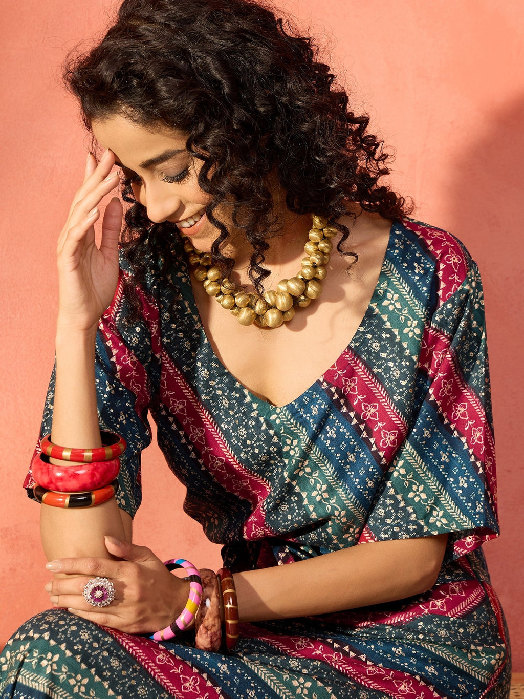 InWeave Teal Hunter Batik Floral Foil Waist Tie-Up Co Ord Set