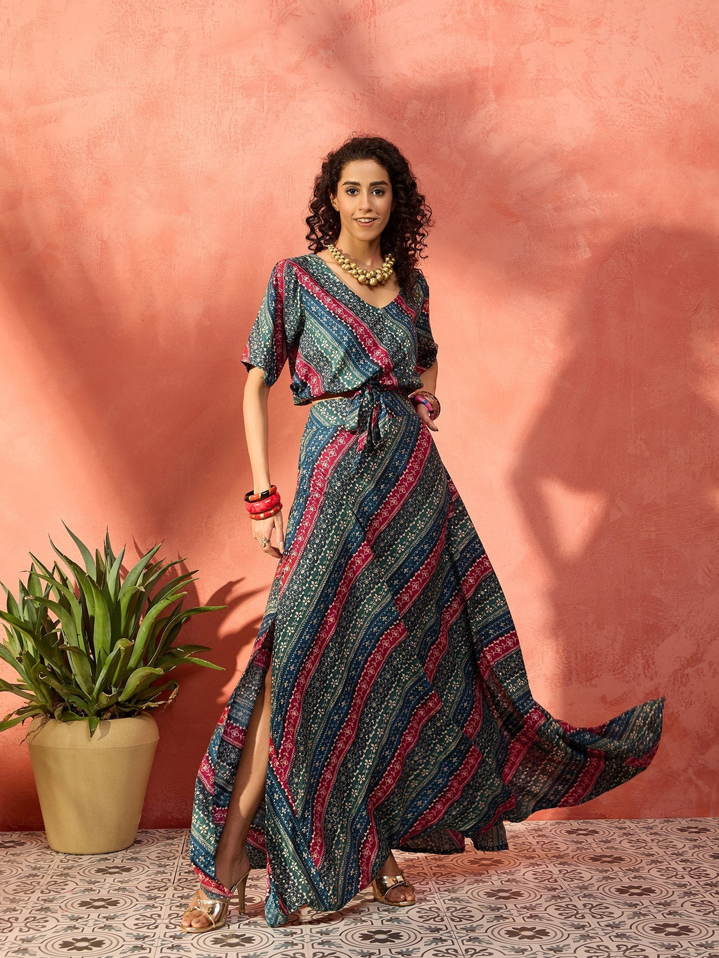 InWeave Teal Hunter Batik Floral Foil Waist Tie-Up Co Ord Set