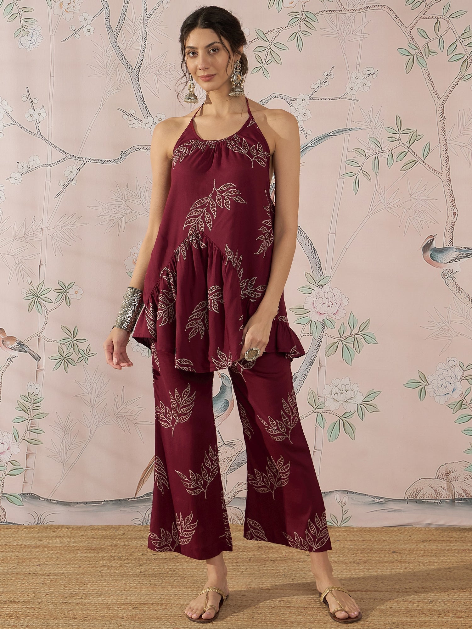 InWeave Dark Maroon Leaf Halter Strappy Set
