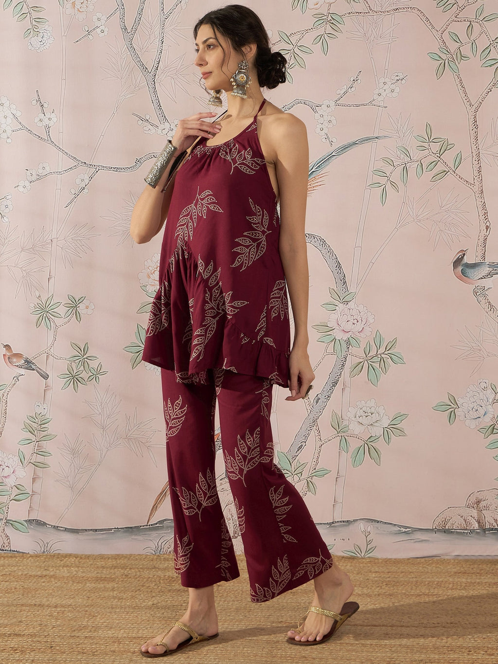 InWeave Dark Maroon Leaf Halter Strappy Set