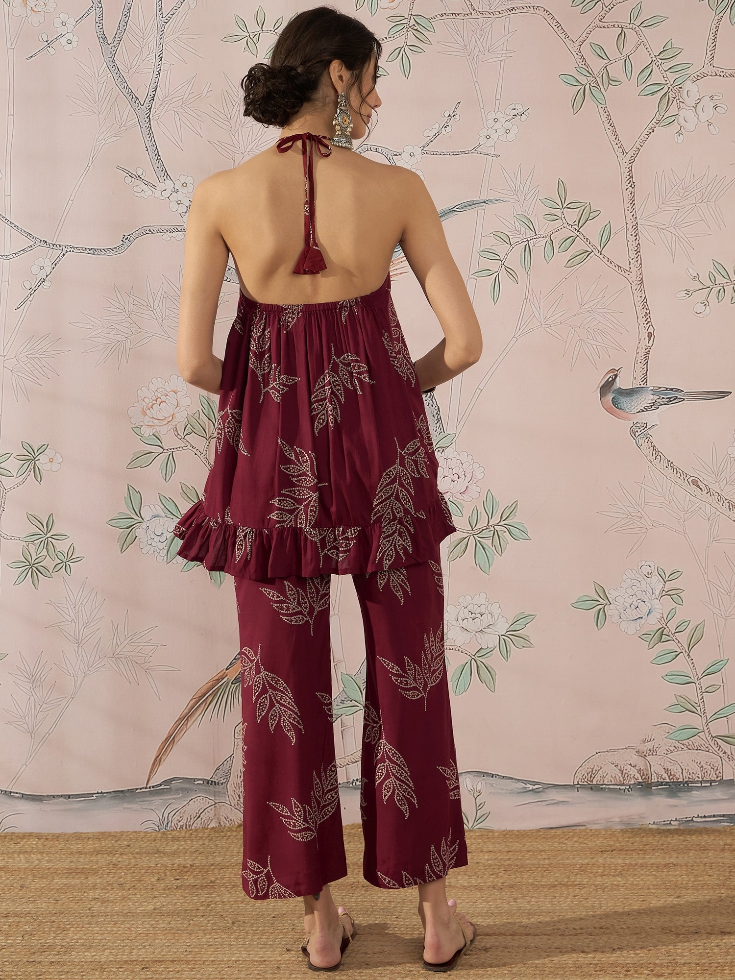 InWeave Dark Maroon Leaf Halter Strappy Set