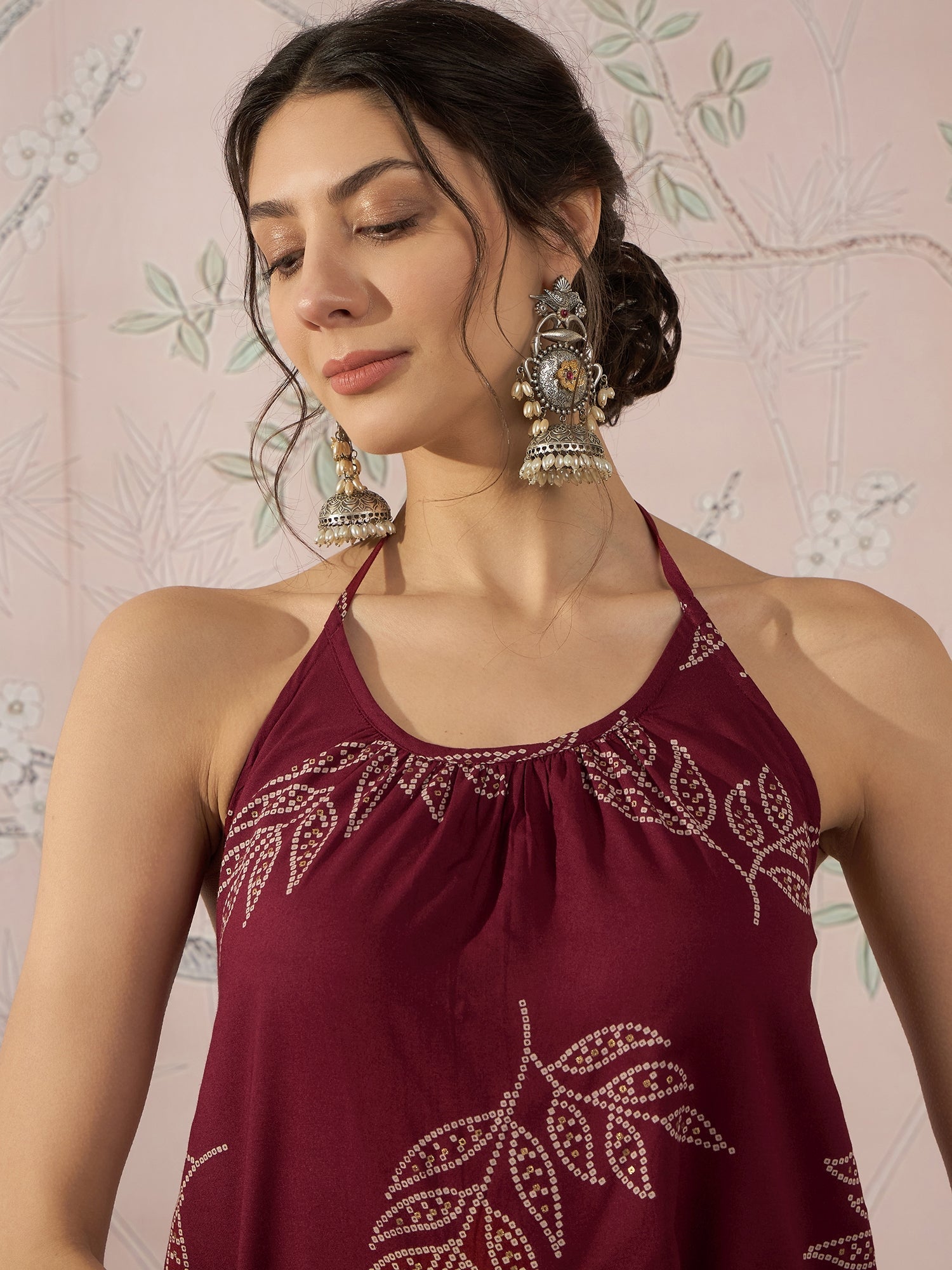 InWeave Dark Maroon Leaf Halter Strappy Set