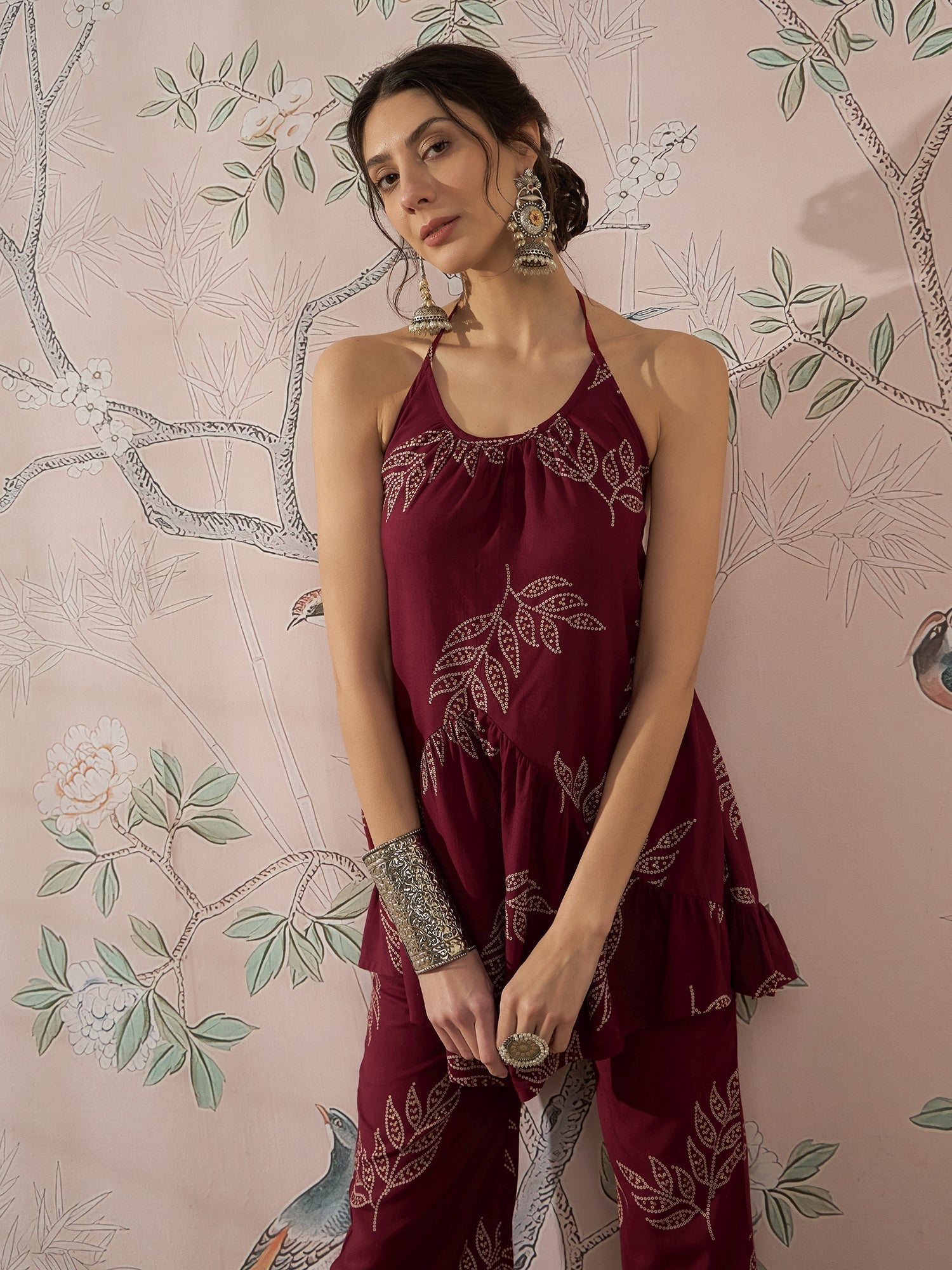 InWeave Dark Maroon Leaf Halter Strappy Set