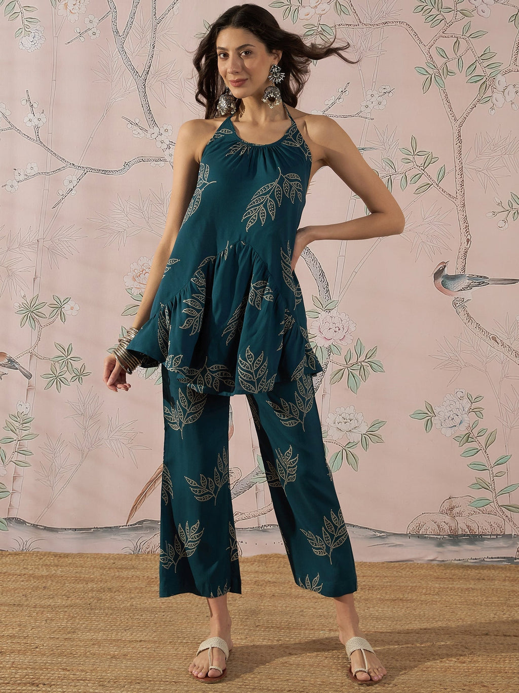 InWeave Dark Teal Leaf Halter Strappy Set