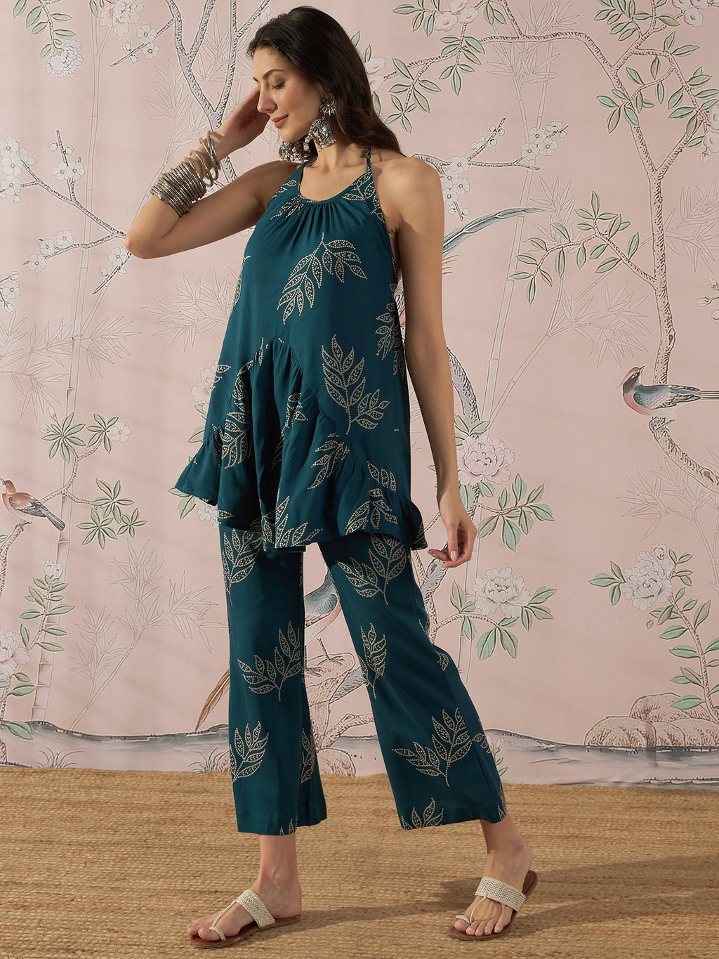 InWeave Dark Teal Leaf Halter Strappy Set