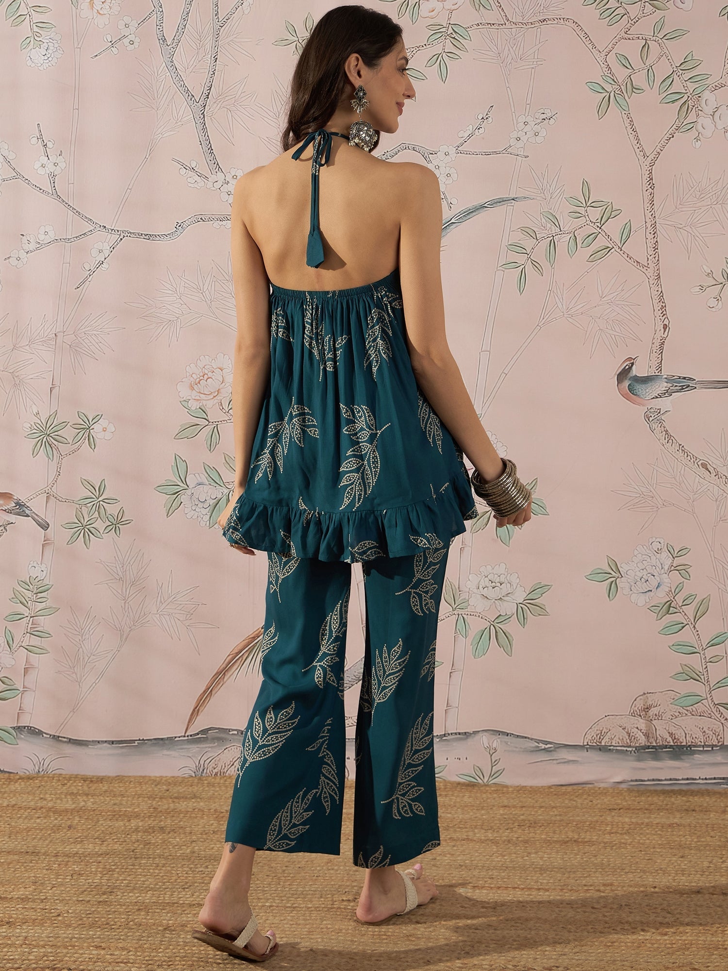 InWeave Dark Teal Leaf Halter Strappy Set