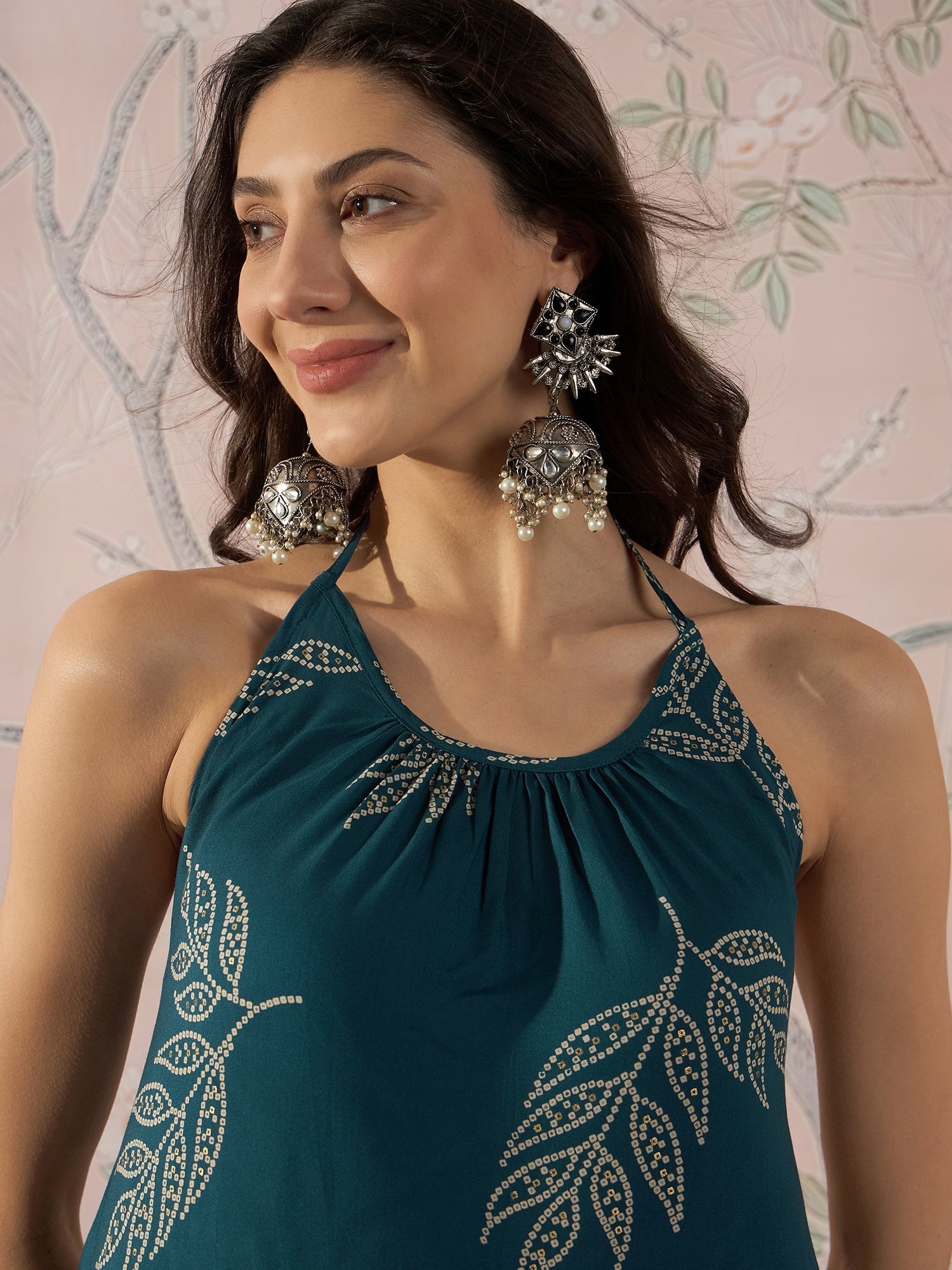 InWeave Dark Teal Leaf Halter Strappy Set