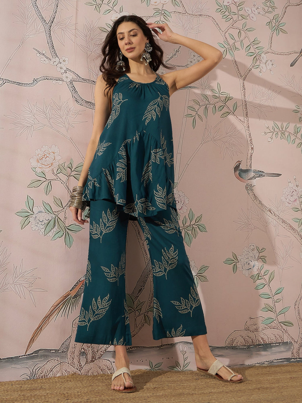 InWeave Dark Teal Leaf Halter Strappy Set
