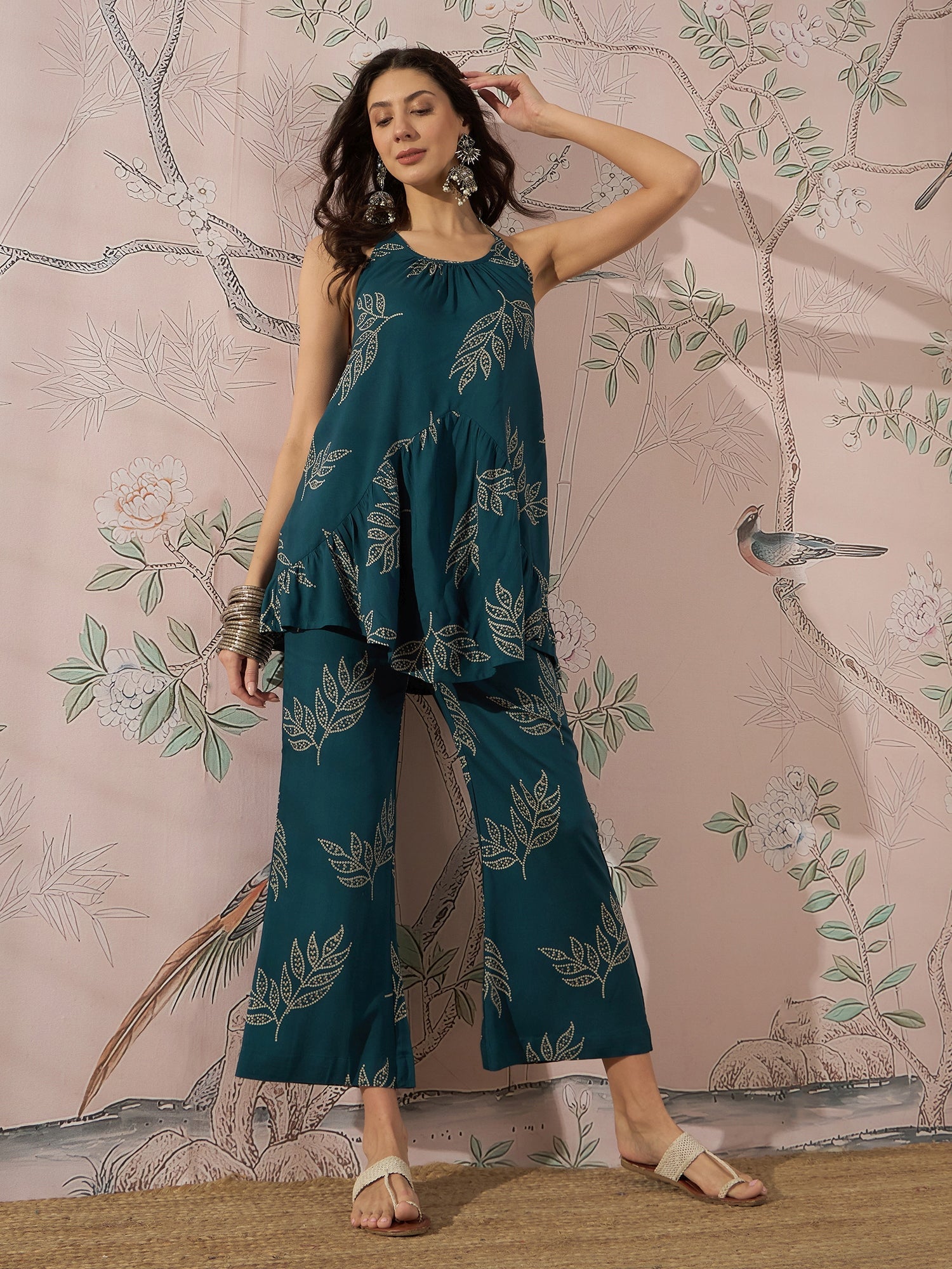 InWeave Dark Teal Leaf Halter Strappy Set