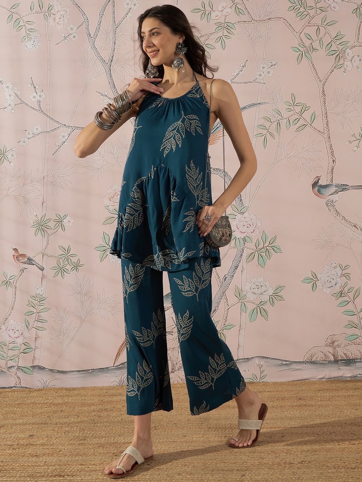 InWeave Dark Teal Leaf Halter Strappy Set